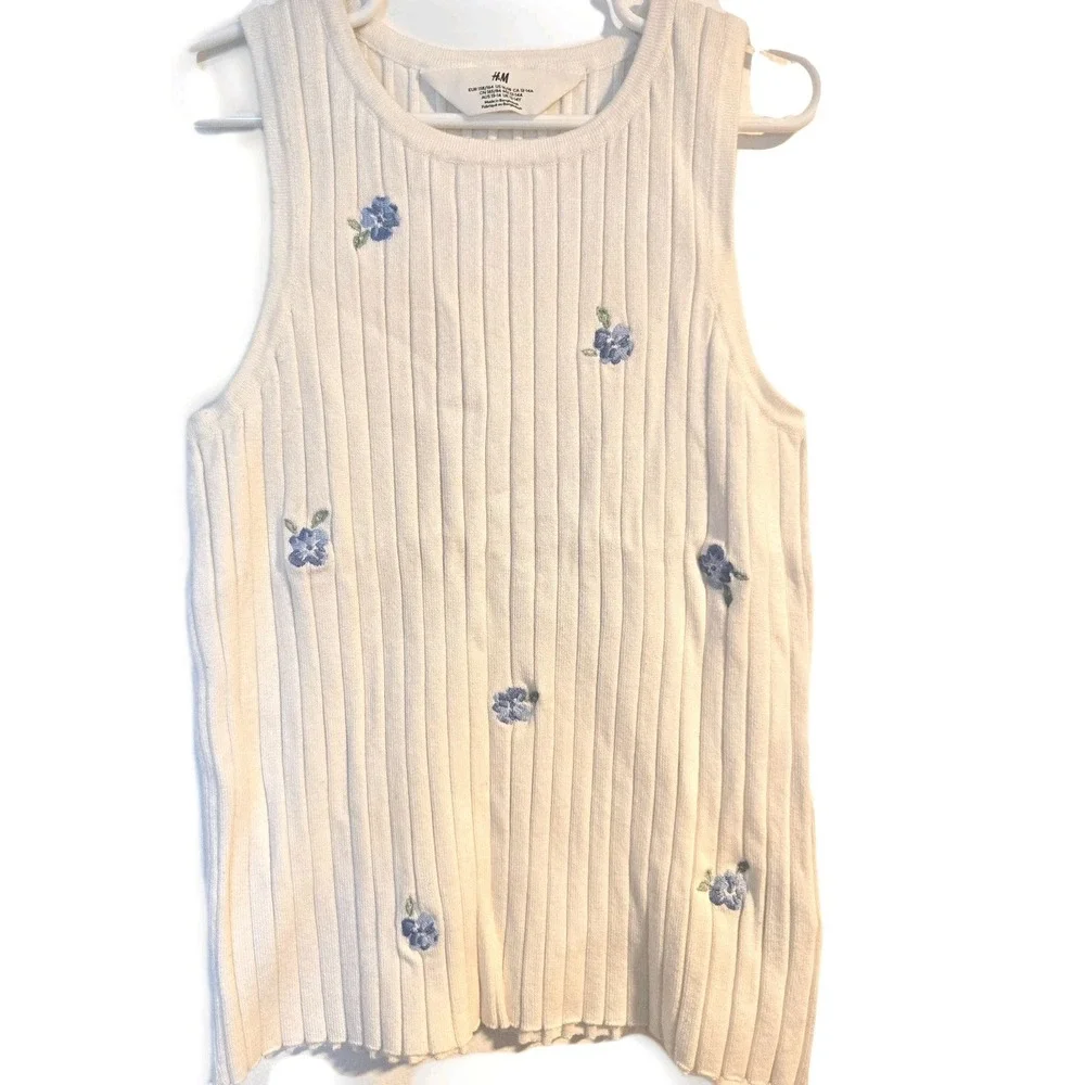 H&M Ribbed Top White Top Floral top Knitted Girls 16-18yo - Picture 1 of 5